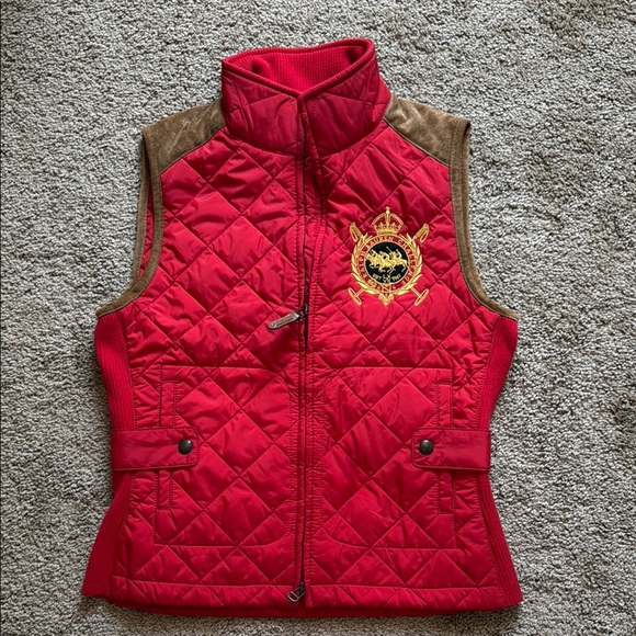 Polo Ralph Lauren Red Zip Up Quilted Vest Suede Leather Detail and Chest Crest - Picture 1 of 7